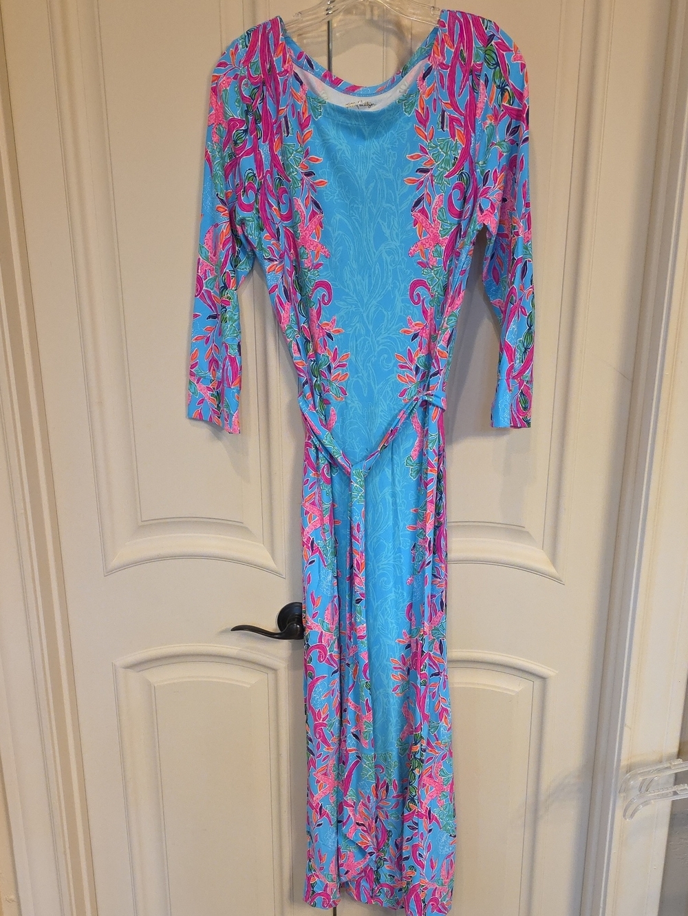 Lilly Pulitzer Turquoise Floral Wrap Maxi Dress with Pink Accents